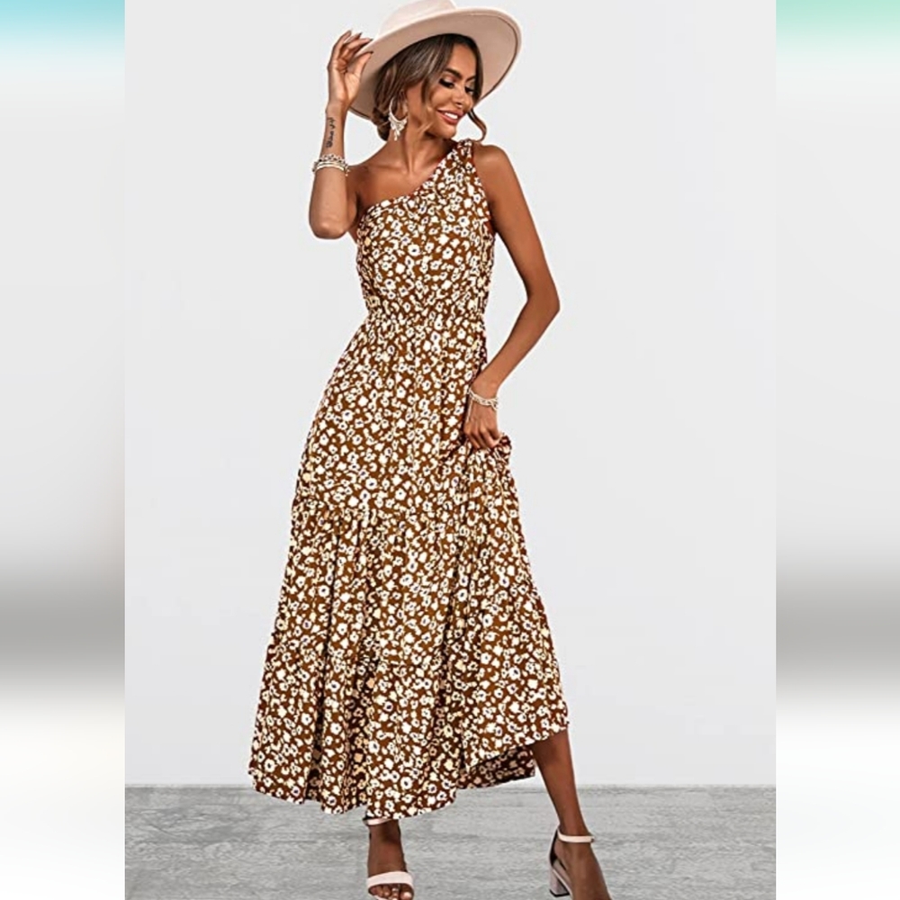 One shoulder boho maxi. Gold color with white and blue flowers. Size Large.